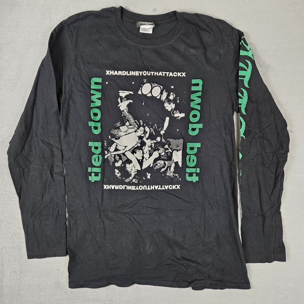 XHARDLINEYOUTHATTACKX Tied Down Band Tee Mens Small Black LS Reclaimed‎ Vintage
